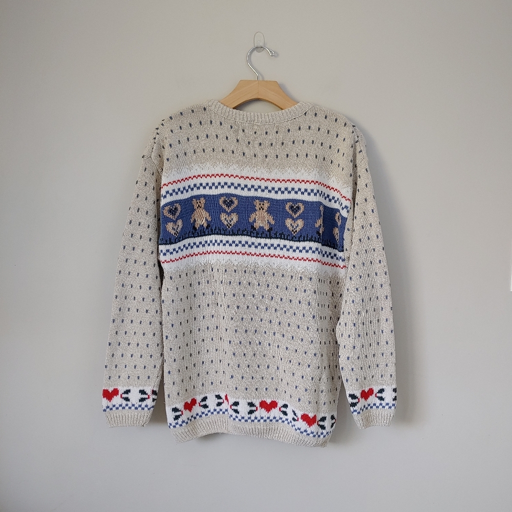 Vintage Cottage Cove Cardigan Knit Sweater Teddy Bear Hearts Size Medium Grandma - Picture 2 of 14